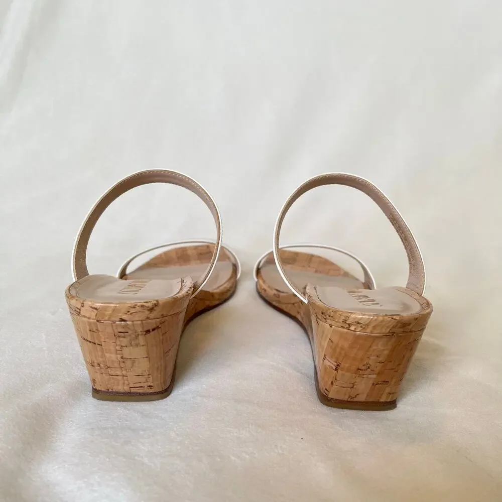 Stuart‎ Weitzman Aleena Wedge Heel Sandals 7.5 Narrow White Patent Leather Cork - Picture 7 of 13